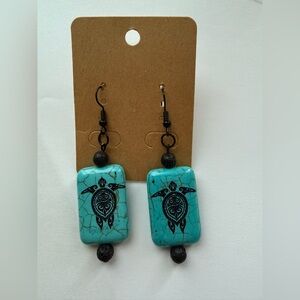 Handmade Sea Turtle Print Turquoise Square Stone Dangle Earrings Bohemian